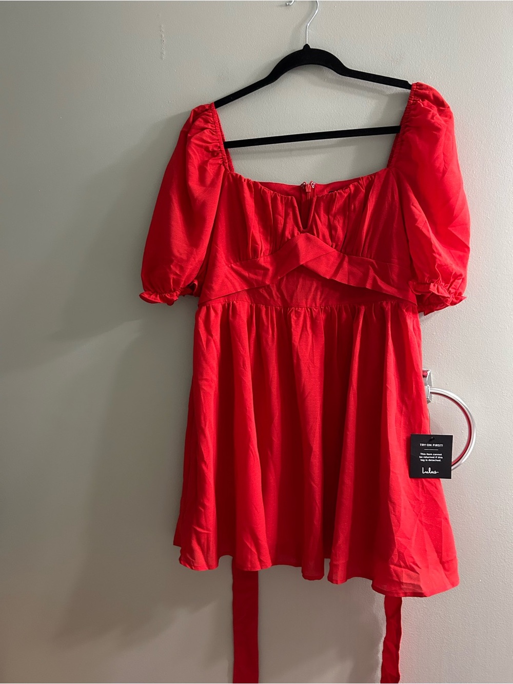 NWT LULUS Blissful Charm Red Puff Sleeve Notch Neck Mini Dress - Picture 6 of 9